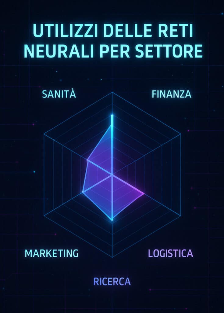 Grafico radar digitale che mostra i principali utilizzi delle reti neurali nei settori strategici: sanità, finanza, marketing, logistica e ricerca.