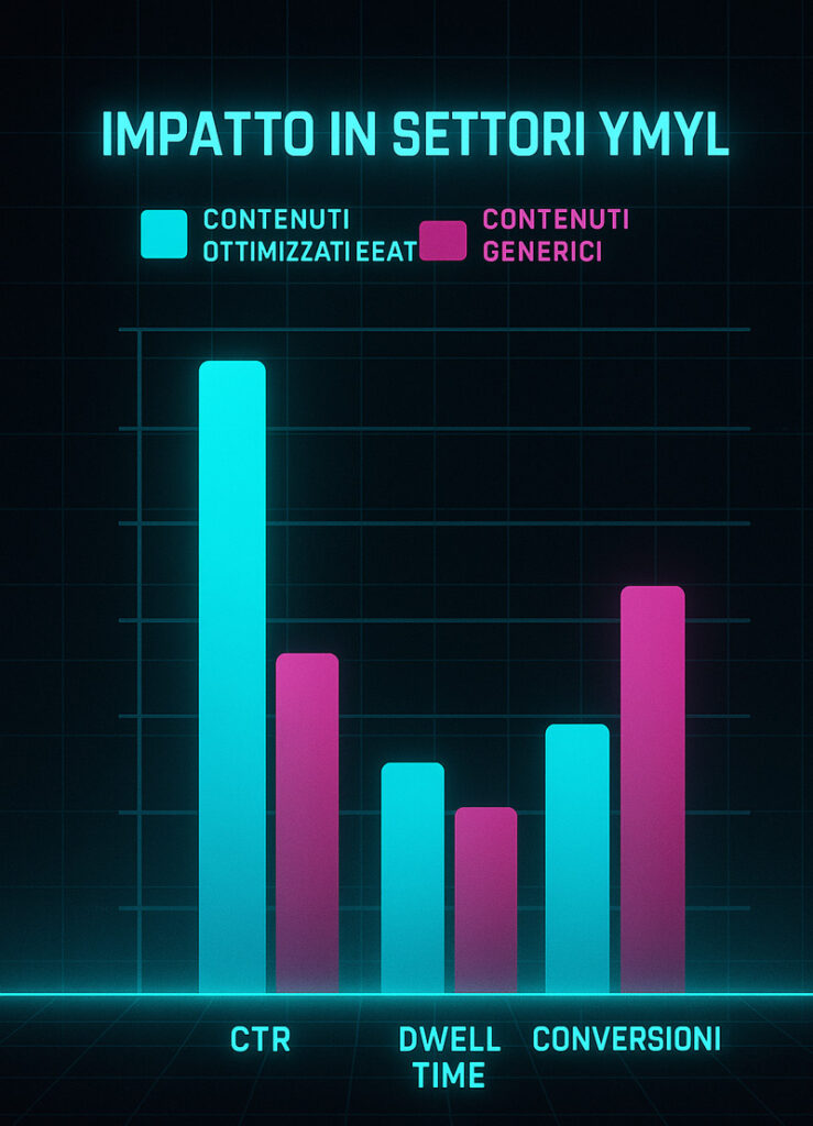 Infografica futuristica che mostra un case study sull'implementazione di EEAT e i suoi effetti sul posizionamento SEO di un sito.