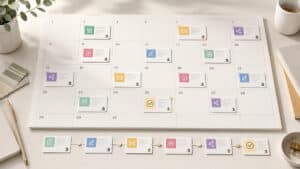 Calendario editoriale con contenuti organizzati per data, canale e fase di lavoro