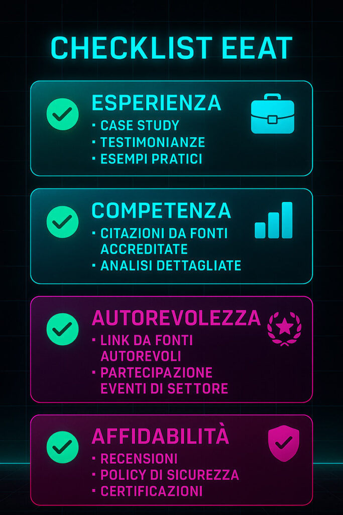 Checklist EEAT: Esperienza, Competenza, Autorevolezza e Affidabilità – Guida visiva per ottimizzare i contenuti SEO.