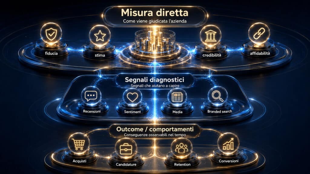 Brand reputation: cos’è, come si misura e come migliorarla 2 Tre livelli per misurare la brand reputation distinguendo misure dirette, segnali diagnostici e comportamenti