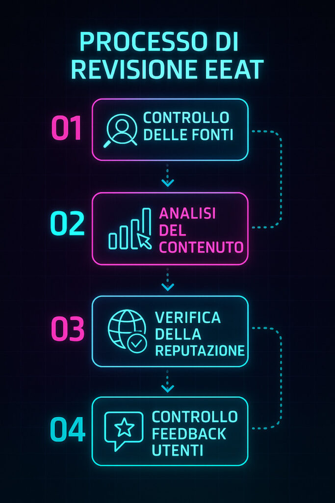 Diagramma di flusso che mostra il processo di audit EEAT, dal controllo delle fonti alla verifica dei feedback degli utenti.