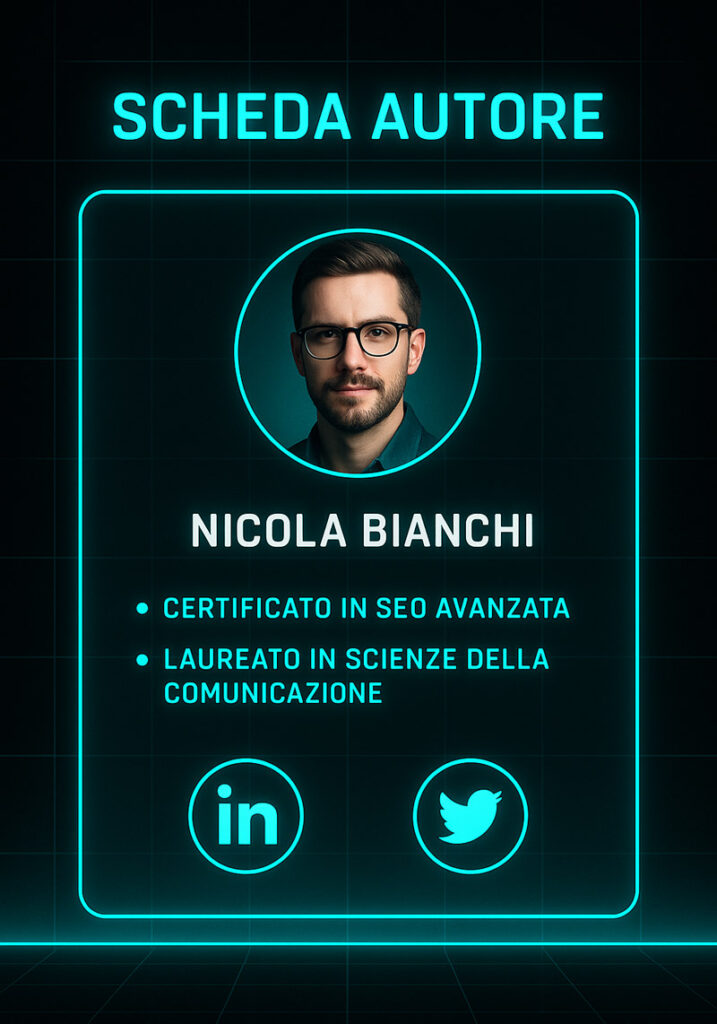 Scheda tecnica autore EEAT con foto professionale, certificazioni SEO e link ai profili social.