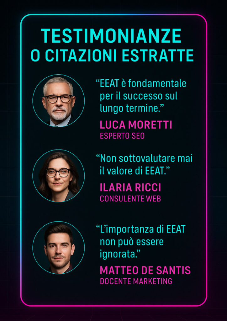 Box laterale con testimonianze di esperti SEO sull'importanza di EEAT per il posizionamento strategico.