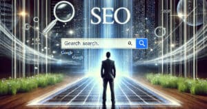 Concetto fotorealistico dell'illusione della SEO: un professionista osserva una SERP olografica con la prima posizione su Google che si dissolve nel nulla.