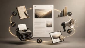 Composizione editoriale digitale che rappresenta il blogging come processo di pianificazione, pubblicazione, distribuzione e aggiornamento