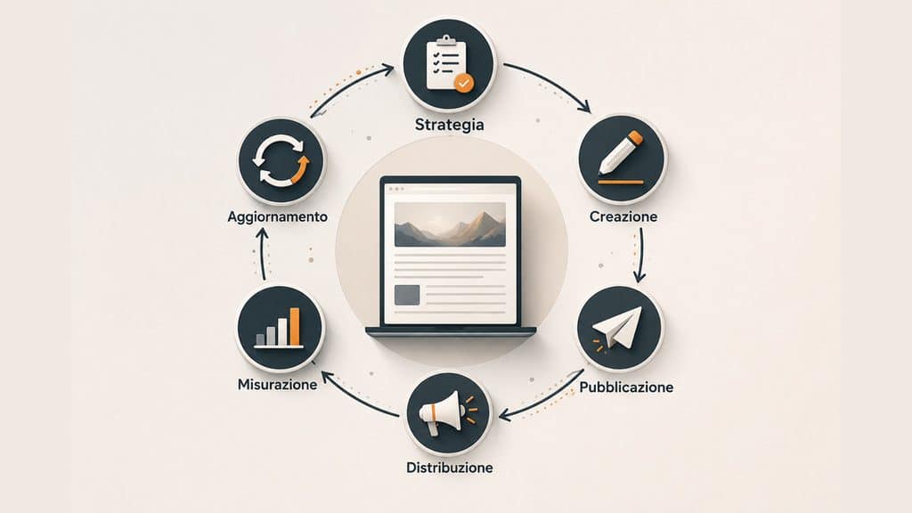Blogging: cos’è, significato e come funziona 1 Diagramma del ciclo del blogging con strategia, creazione, pubblicazione, distribuzione, misurazione e aggiornamento