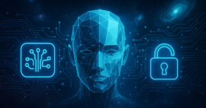 Illustrazione digitale futuristica che rappresenta l’AI opensource nel 2025: intelligenza artificiale distribuita, ambienti aperti, interazione umana con reti neurali simboliche.
