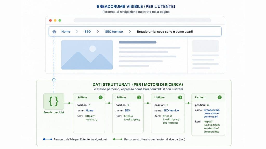 Breadcrumb: cosa sono, come funzionano e come usarli per SEO e WordPress 1 Confronto tra breadcrumb visibile nella pagina e struttura BreadcrumbList con ListItem