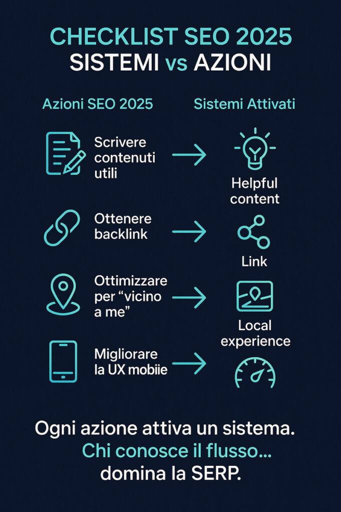 Micro-infografica che mostra la checklist SEO 2025 con le azioni chiave per attivare i sistemi di ranking Google