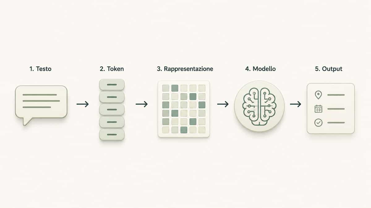 Natural Language Processing (NLP): cos'è, come funziona, tecniche ed esempi 1 Schema del funzionamento NLP dal testo e token fino alla rappresentazione, al modello e all'output