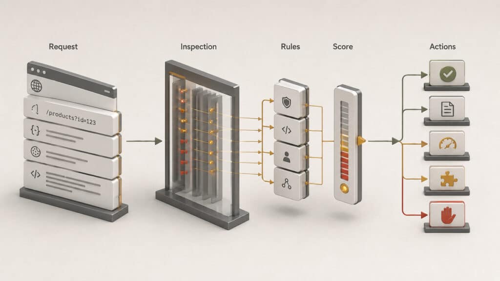 WAF (Web Application Firewall): cos’è, come funziona e quando serve 1 Schema del funzionamento di un WAF dalla richiesta HTTP alle regole e alle azioni