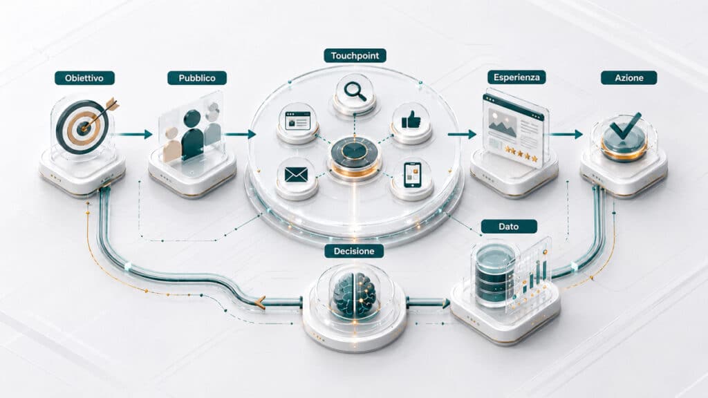 Digital marketing: cos’è, cosa comprende e come usarlo in azienda 1 Ciclo del digital marketing da obiettivo e pubblico a touchpoint, esperienza, azione, dati e decisione