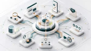 Sistema di digital marketing con touchpoint, dati, automazione e canali collegati a un hub strategico centrale