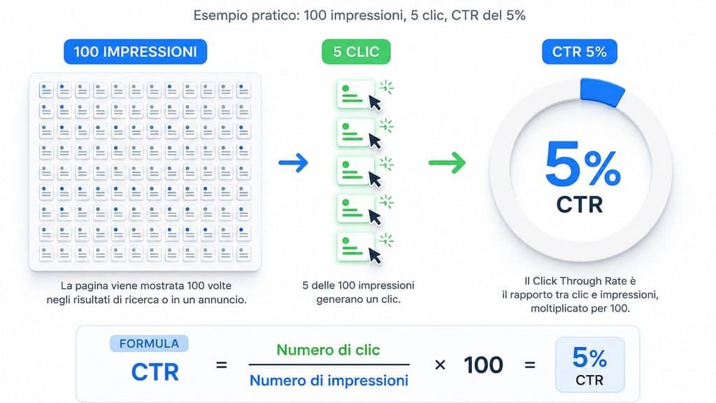 Click Through Rate (CTR): cos’è, significato, formula e come calcolarlo 1 Esempio della formula CTR con 100 impressioni, 5 clic e Click Through Rate del 5%