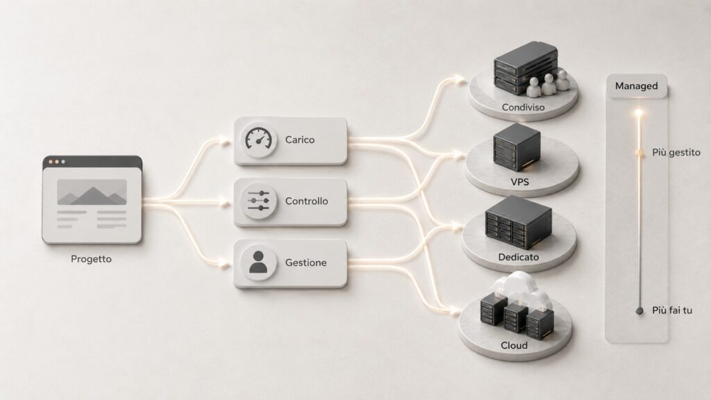 Come scegliere l’hosting per il tuo sito: criteri, costi e tipologie 1 Modello per scegliere tra hosting condiviso, VPS, dedicato e cloud in base a carico, controllo e gestione