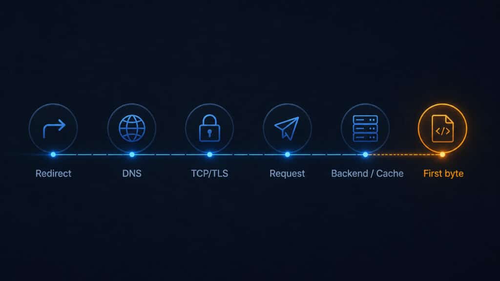 TTFB: cos’è, come incide sulla SEO e come migliorarlo per risultati reali 1 Fasi del TTFB dalla richiesta iniziale a redirect, DNS, connessione, backend e ricezione del primo byte