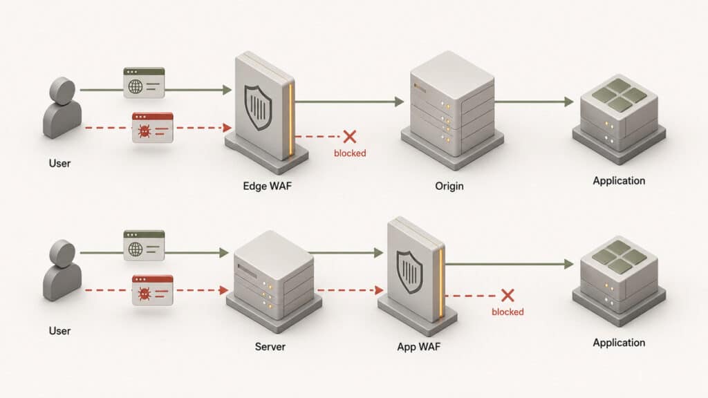 WAF (Web Application Firewall): cos’è, come funziona e quando serve 2 Confronto tra WAF edge e WAF application-level nella posizione di filtraggio delle richieste