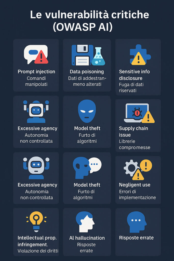 Iconogramma con vulnerabilità critiche secondo OWASP nei large language model, con icone flat e descrizioni brevi: prompt injection, data poisoning, disclosure di dati sensibili e altri rischi per la sicurezza
