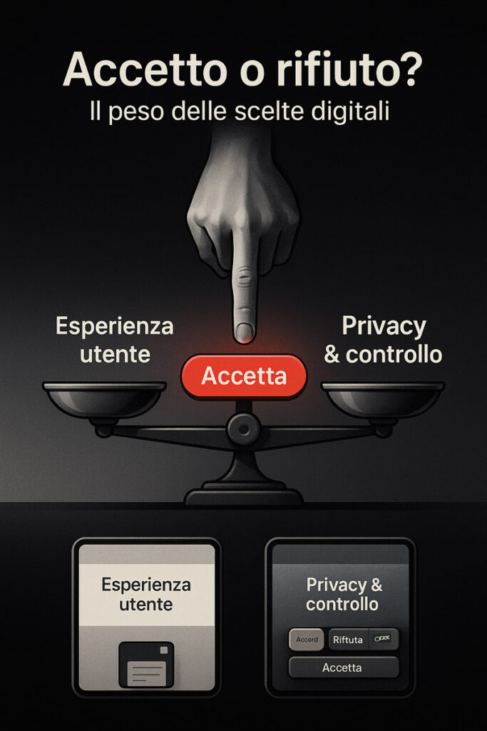 Illustrazione in italiano che rappresenta una bilancia digitale tra esperienza utente e privacy, con un dito sospeso sul pulsante “Accetta”