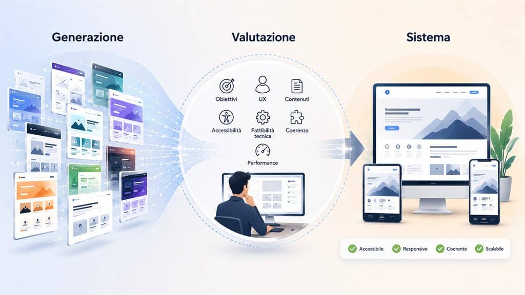Web Designer: cosa fa, competenze, stipendio e come diventarlo 2 Alternative di interfaccia generate con AI filtrate dal giudizio del web designer fino a un sistema responsive coerente