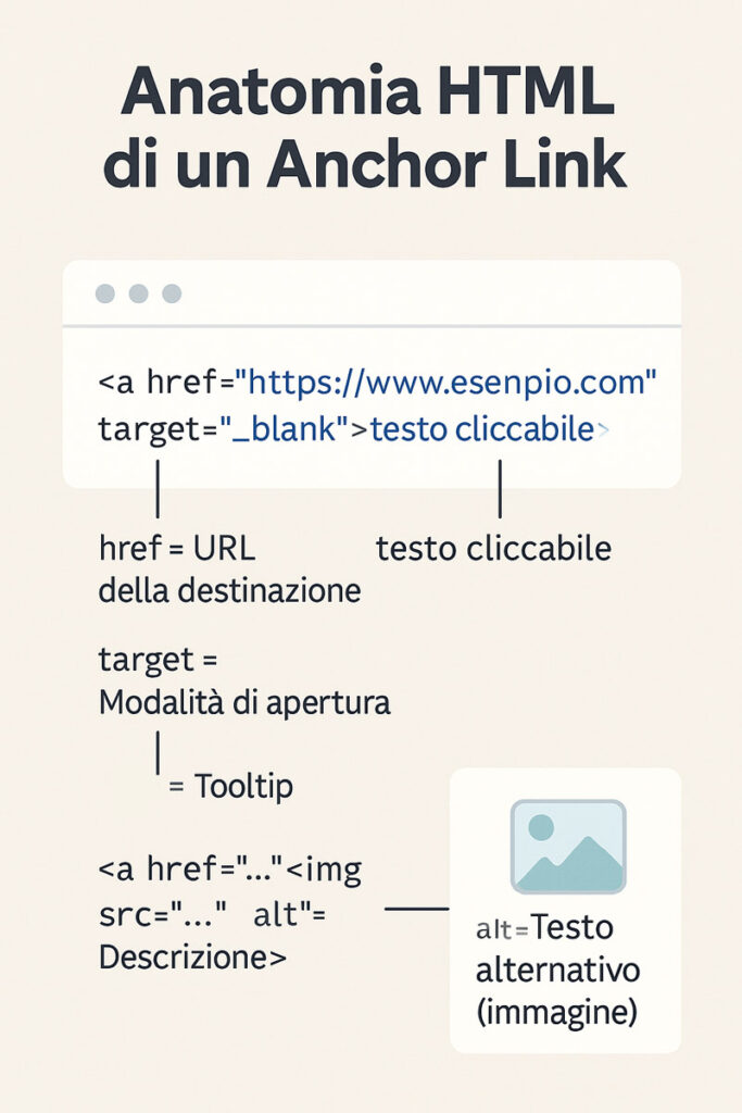 Illustrazione del codice HTML di un anchor text con evidenziazione dei parametri href, target, title e alt, e note descrittive laterali in italiano