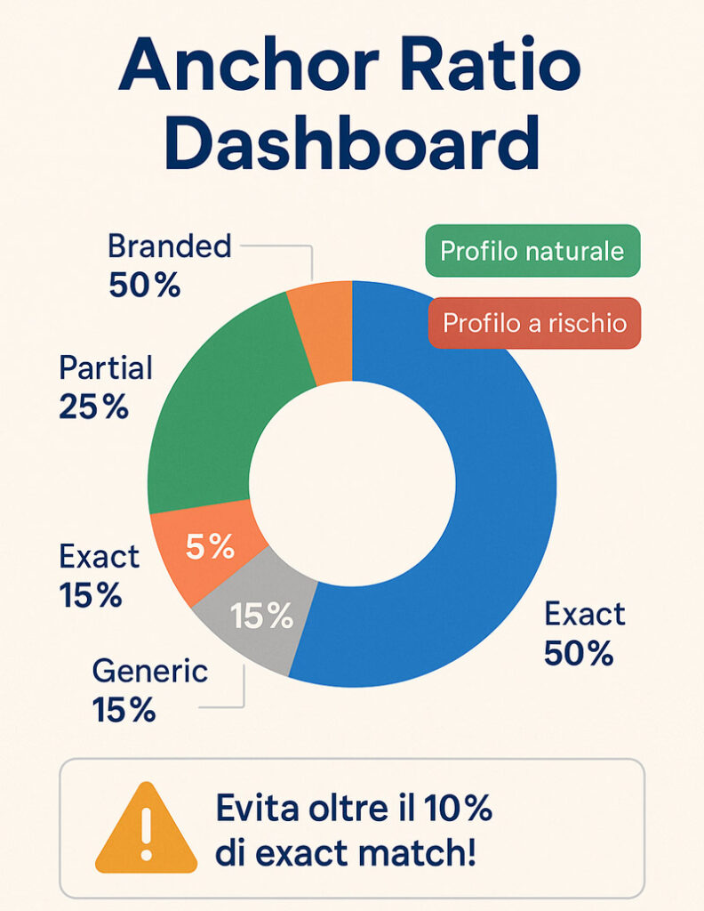 Grafico a torta con percentuali ideali di anchor text: branded, partial, exact match, generico e URL, con indicatore profilo naturale vs profilo a rischio