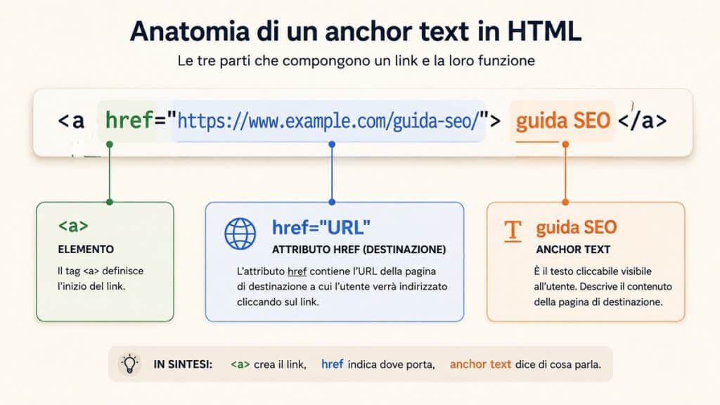 Anchor text: cos’è, esempi e come usarlo correttamente nella SEO 1 Struttura HTML di un link con tag a, attributo href, URL e anchor text