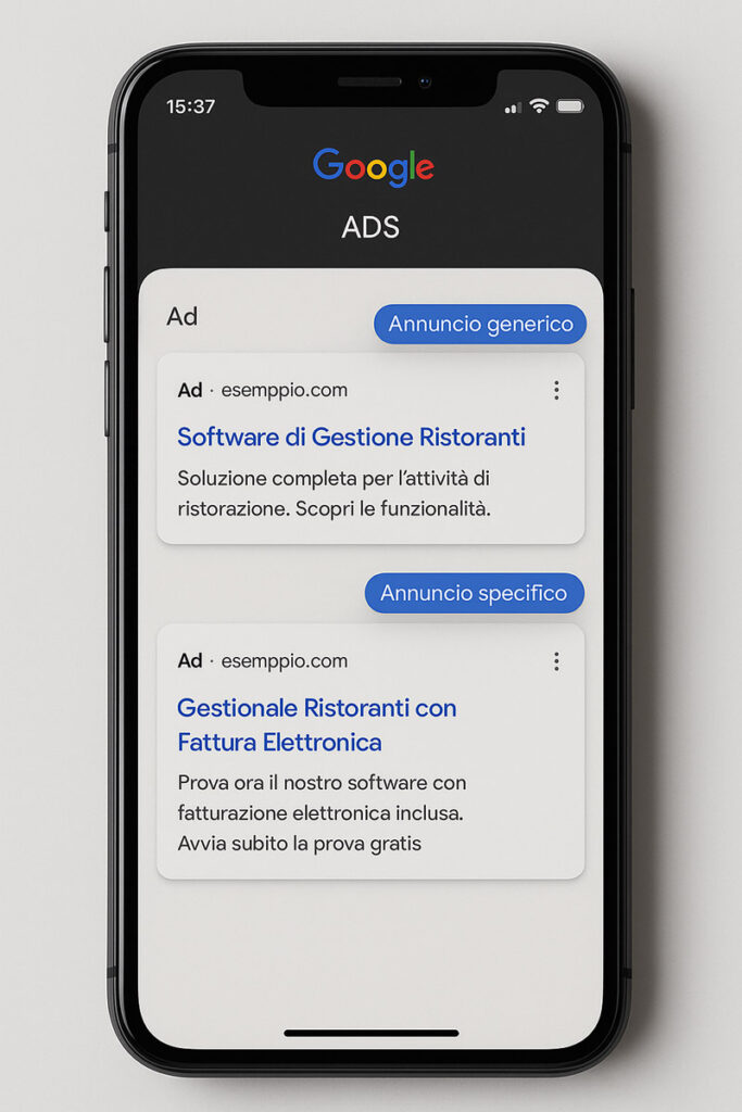 Mockup realistico di annuncio Google Ads mobile con long tail keyword “Gestionale ristoranti con fattura elettronica” e confronto con annuncio generico