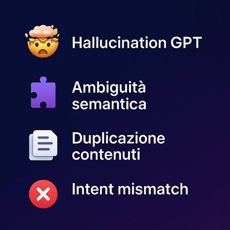 ChatGPT SEO: Rivoluziona la tua strategia di ottimizzazione con l'IA 5 Grafico visivo con icone che evidenziano le principali criticità nell’uso di ChatGPT SEO: hallucination, ambiguità semantica, duplicazione contenuti e intent mismatch