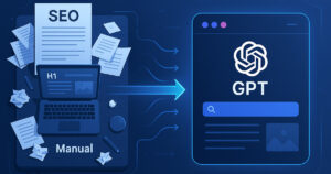 Illustrazione digitale che rappresenta la trasformazione del flusso SEO tradizionale in un'interfaccia ottimizzata AI con ChatGPT SEO al centro