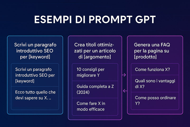 ChatGPT SEO: Rivoluziona la tua strategia di ottimizzazione con l'IA 3 Prompt board grafica con tre esempi di prompt SEO reali per ChatGPT SEO, ciascuno con output sintetico ottimizzato per contenuti digitali ad alto rendimento