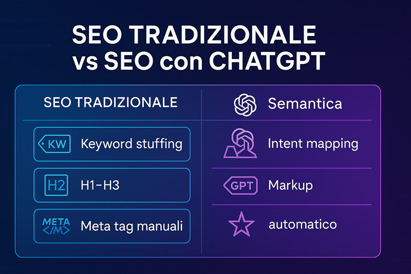ChatGPT SEO: Rivoluziona la tua strategia di ottimizzazione con l'IA 1 Infografica comparativa SEO tradizionale vs SEO con ChatGPT SEO: keyword stuffing e meta tag manuali contro semantica, intent mapping e markup automatizzato