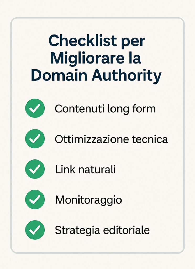 Checklist visiva con cinque azioni strategiche per migliorare la Domain Authority: contenuti long form, ottimizzazione tecnica, link naturali, monitoraggio, strategia editoriale