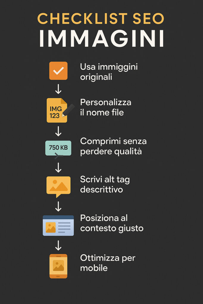 Checklist grafica degli step SEO per ottimizzare immagini su Google Immagini, con icone, frecce e best practice operative
