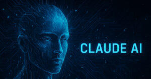Rappresentazione futuristica di Claude AI, volto umanoide digitale illuminato da circuiti blu su sfondo tecnologico