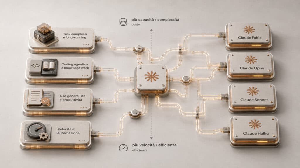 Claude AI: cos’è, come funziona e cosa puoi fare con l’AI di Anthropic 2 Diagramma dei modelli Claude Fable, Opus, Sonnet e Haiku associati a workload diversi per capacità, velocità e costo