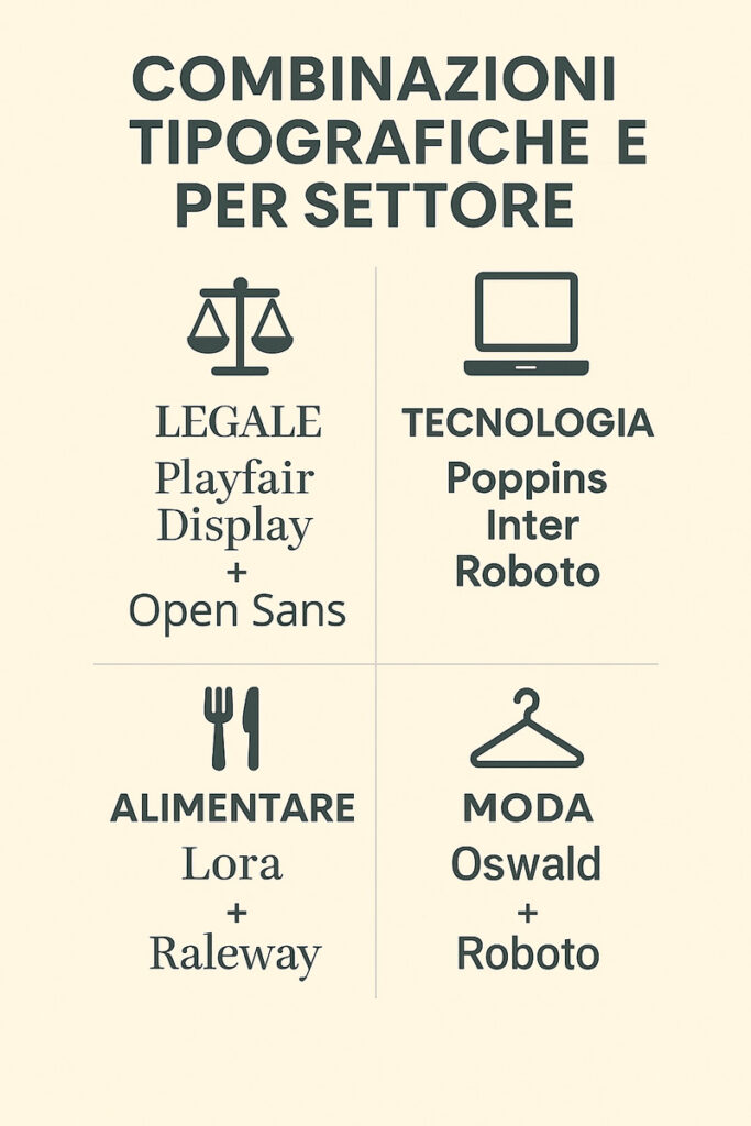 Infografica in italiano con esempi di pairing tipografico Google Fonts per i settori: legale, tecnologia, alimentare e moda, con font abbinati per ciascuna nicchia