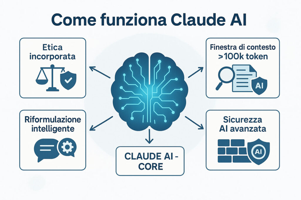 Infografica su come funziona Claude AI: etica, contesto esteso, riformulazione e sicurezza
