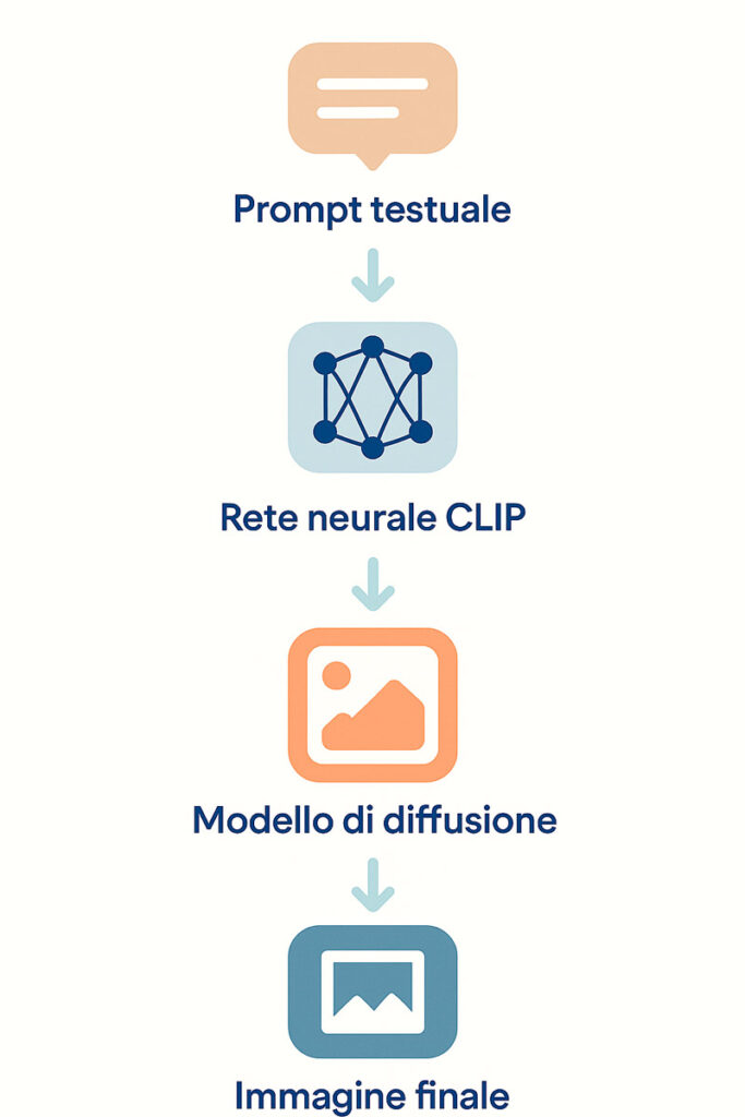 Infografica verticale sul funzionamento di Dalle AI: dal prompt testuale all’immagine finale tramite rete neurale CLIP e modello di diffusione.

