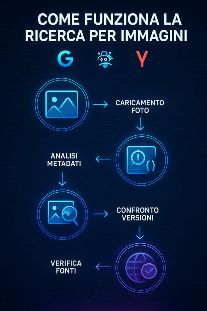Infografica - Come Funziona la Ricerca per Immagini: Processi, Strumenti e Strategie per Trovare Foto e Verificare l'Autenticità.