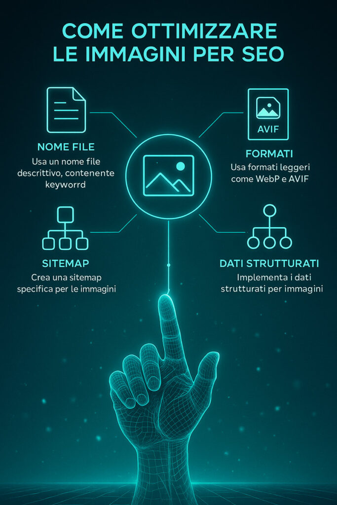 Infografica - Come Ottimizzare le Immagini per SEO: Best Practice per Nome File, Alt Text, Formati Moderni, Dati Strutturati e Sitemap.