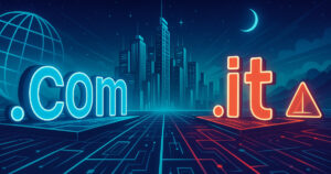 Confronto visivo tra estensione dominio .it e .com in chiave futuristica