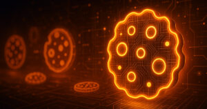 Rappresentazione futuristica di cookie digitali e tracciamento dati nel web con elementi luminosi e high-tech.