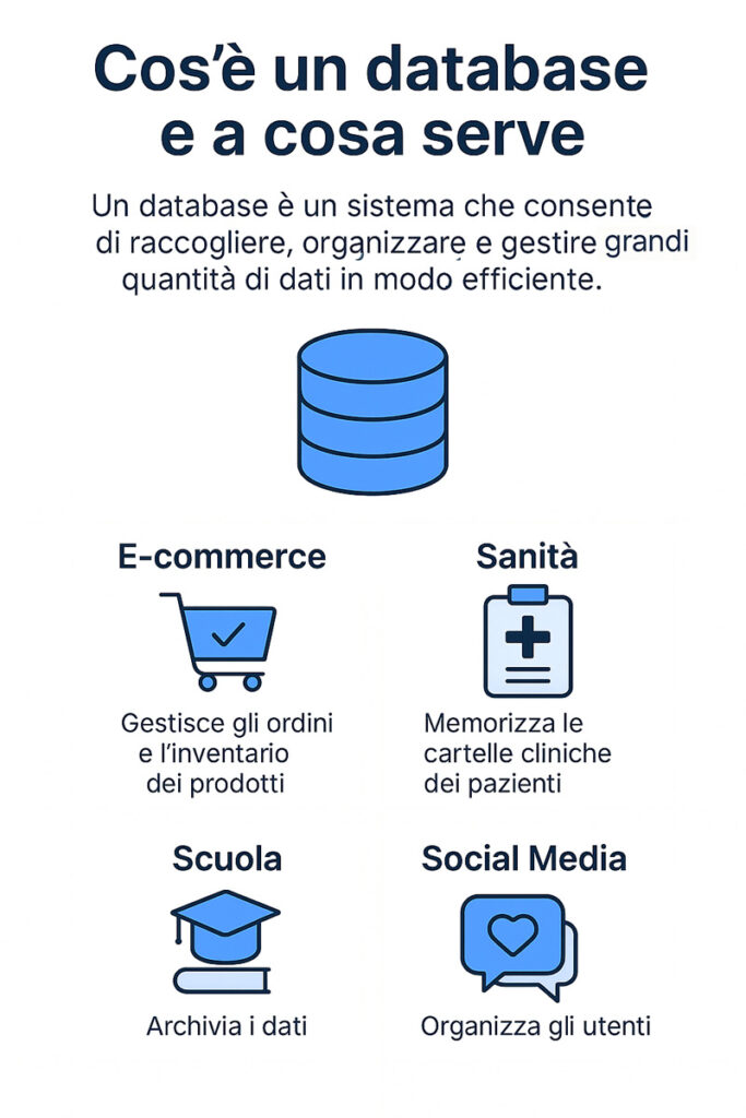 Infografica: cos'è un database e a cosa serve nei settori e-commerce, sanità, scuola e social media