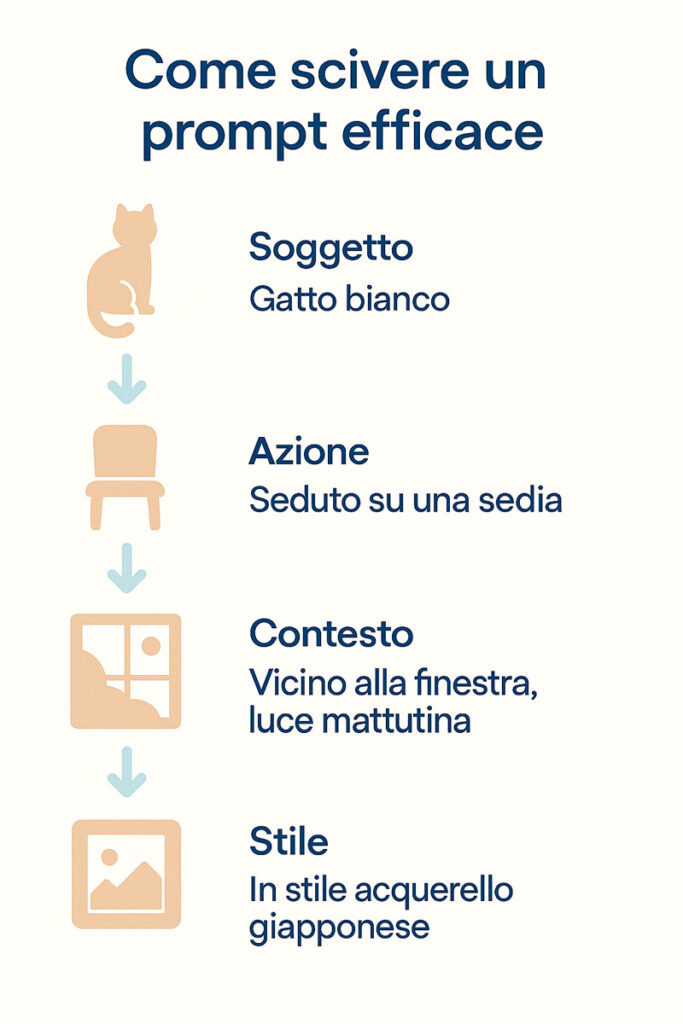 Infografica educativa in 4 livelli sulla struttura di un prompt efficace per Dalle AI: soggetto, azione, contesto, stile, con esempi sintetici in italiano.