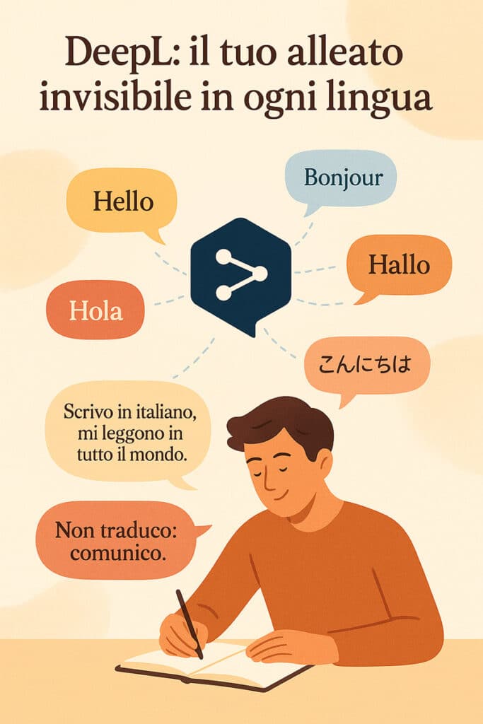 Illustrazione emozionale con logo DeepL al centro e messaggi tradotti in cinque lingue diverse