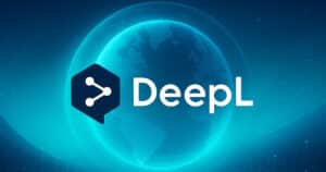Illustrazione futuristica DeepL con logo originale, AI traduttore panoramico avanzato