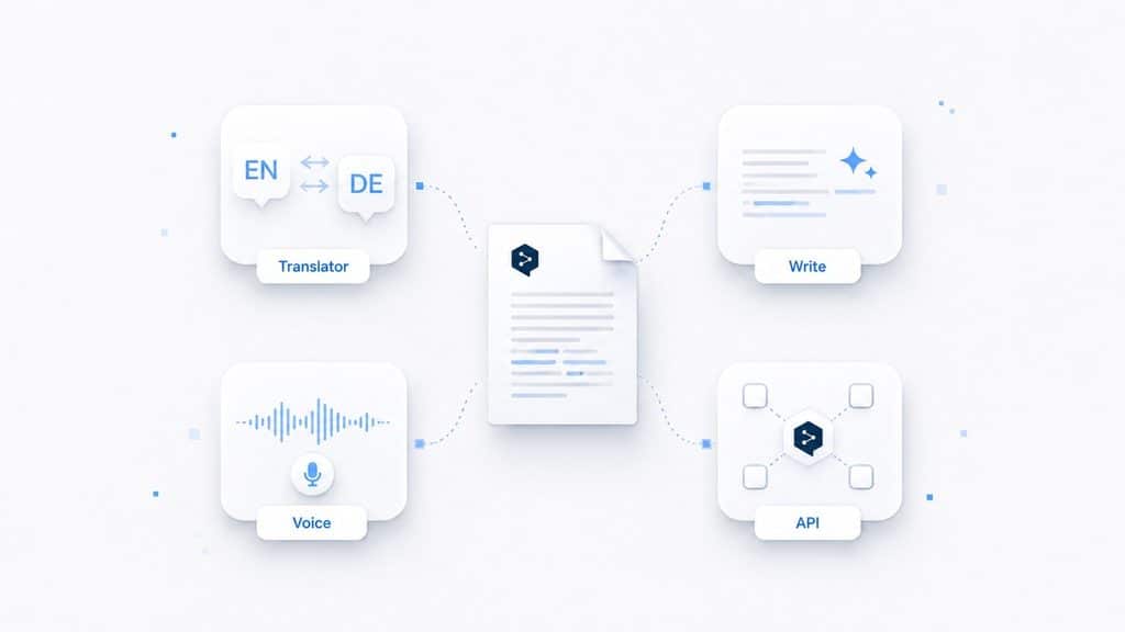 DeepL Traduttore: come funziona, cosa offre e quando conviene usarlo 1 Differenze tra DeepL Translator, Write, Voice e API rappresentate come quattro modalità di utilizzo