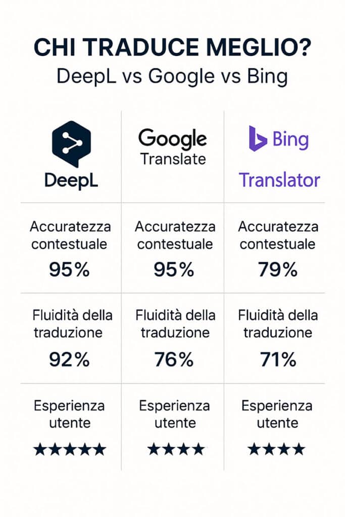Infografica comparativa in italiano tra DeepL, Google Translate e Bing Translator con punteggi su accuratezza, fluidità e esperienza utente